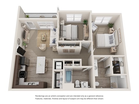 Floor plan for 2 beds, 2 baths, 965 sqft